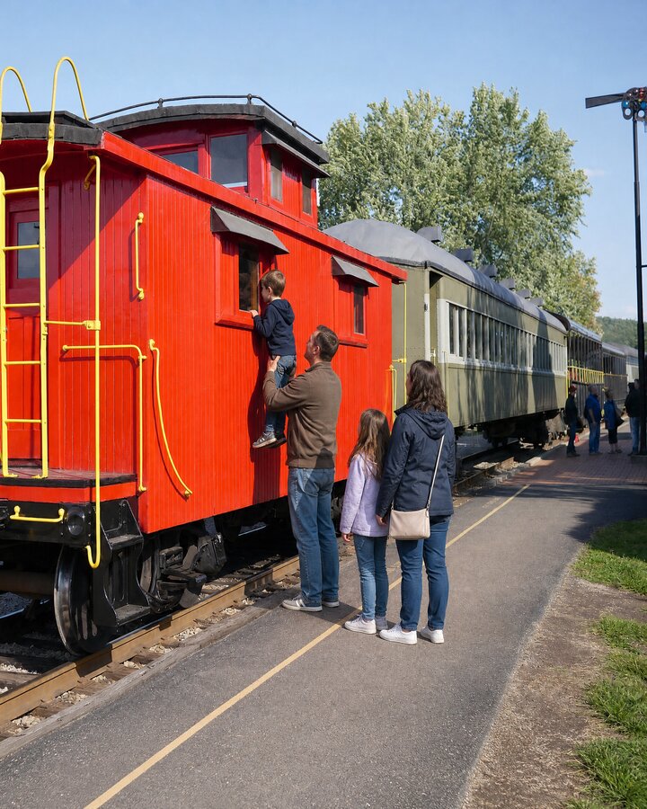 A family beside the caboose at the Scenic Railway
